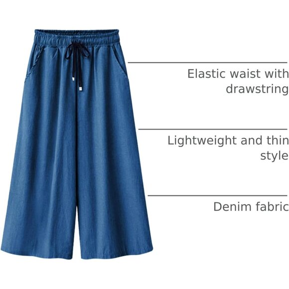 Women Elastic Waist Wide Leg Cropped Denim Pants Casual Flare Capris - Picture 4 of 7